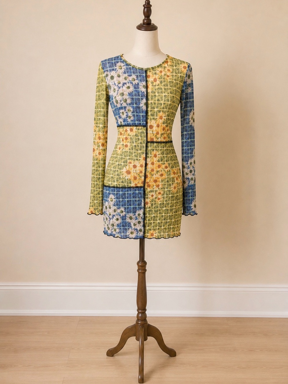 Altar'd State Patchwork Floral Mini Dress in Blue and Green